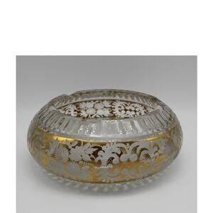 Crystal Gold Trim Deep Etching Diamond Point Czech Bohemian 6" Round Ashtray